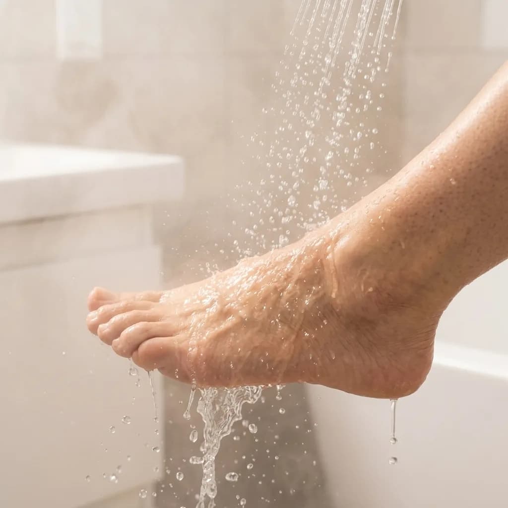 Agua tibia de la ducha cayendo sobre el pie